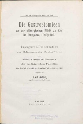 Die Gastrostomieen an der chirurgischen Klinik zu Kiel im Etatsjahre 1899/1900