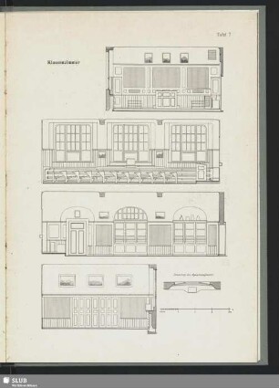 Klassenzimmer [Schnitte] und Grundriss eines Aquariumfensters, Schule der Gemeinde Neu-Eibau, Oberlausitz