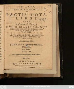 Disputatio Inauguralis, De Pactis Dotalibus