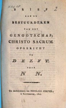 Brief aan de Bestuurderen van het genootschap, Christo Sacrum