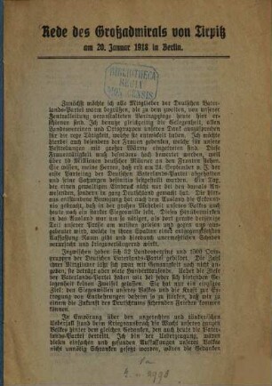 Rede des Großadmirals v. Tirpitz am 20. Jan. 1918 in Berlin