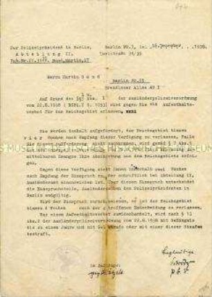 Polizeiliche Aufforderung zum Verlassen des Deutschen Reiches binnen 4 Wochen
