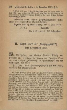 II. Gesetz über die Freizügigkeit. Vom 1. November 1867