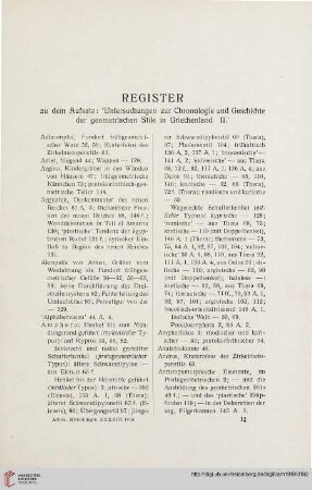 Register zu dem Aufsatz "Untersuchungen zur Chronologie und Geschichte der geometrischen Stile in Griechenland, 2"