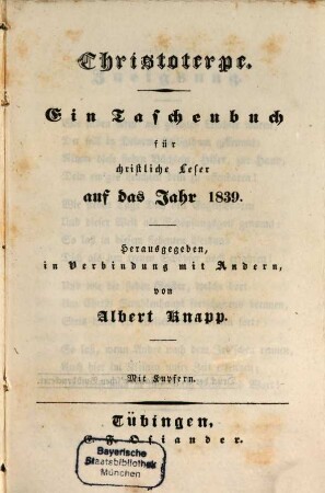 Christoterpe : ein Jahrbuch für d. dt. Haus. 1839, 1839
