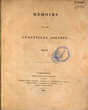 Memoirs of the Analytical Society, 1813