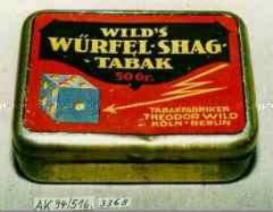 Blechdose für "WILD'S WÜRFEL-SHAG-TABAK 50 Gr. TABAKFABRIKEN THEODOR WILD KÖLN-BERLIN"