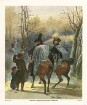 Russischer General der Infanterie und Adjutant in Kampagne, beide in Uniform mit Mütze zu Pferd, Rückansicht bzw. in Profil, daneben Bauer (?) mit Kind, im Hintergrund weitere Truppen in Waldlichtung