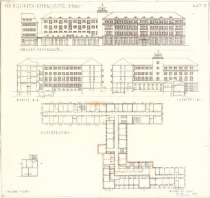 Fischer, Theodor; Bad Kissingen; Kurhaus-Hotel - Grundriss 2. OG, Teilgrundriss, Ansicht, Schnitte