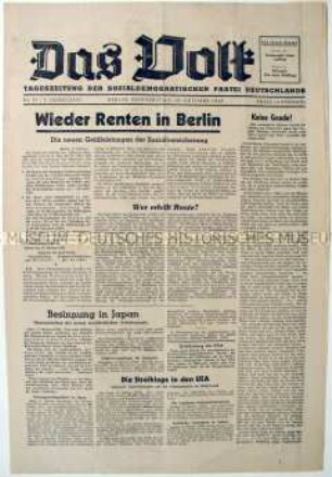 Tageszeitung der SPD für die Sowjetische Besatzungszone "Das Volk" u.a. zur Wiederaufnahme der Rentenzahlung in Berlin