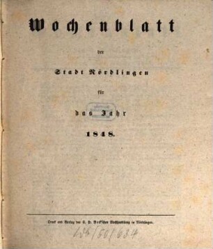 Wochenblatt der Stadt Nördlingen. 1848