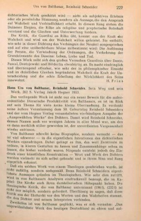 227-228 [Rezension] Balthasar, Hans Urs von, Reinhold Schneider