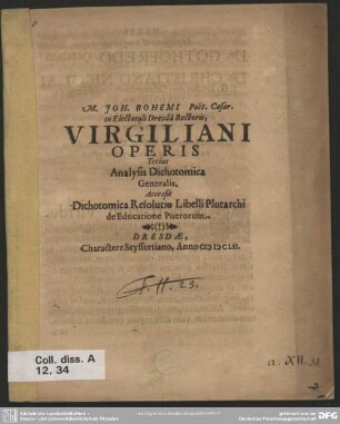 Joh. Bohemi ... Virgiliani operis totius analysis dichotomica generalis