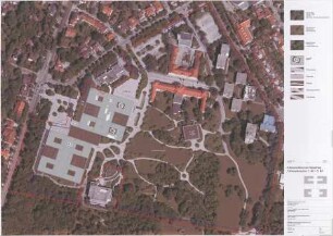 Hansjakob, Gottfried; München - Harlaching; Klinikum, Teilersatzneubau - Freiflächenplanung 2. Bauabschnitt (Luftaufnahme mit Einzeichnungen)