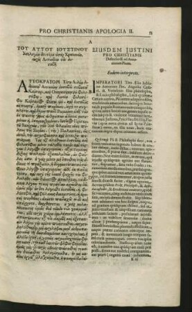 Pro Christianis Apologia II. Eiusdem Justini Pro Christianis Defensio II. ad Antoninum Pium.