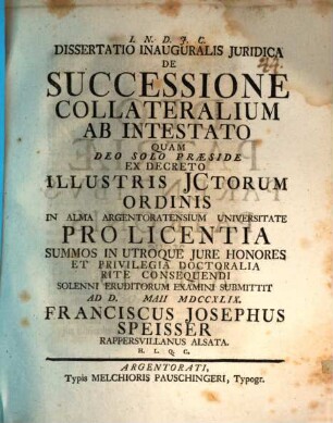 Diss. inaug. iur. de successione collateralium ab intestato