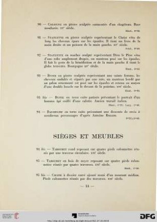 Sièges et meubles (Nr. 94-133)avec planches III-VI