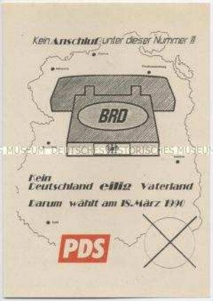 Illustriertes Flugblatt der Partei des Demokratischen Sozialismus (PDS) zur Volkskammerwahl 1990 gegen den Beitritt der DDR-Länder zur Bundesrepublik
