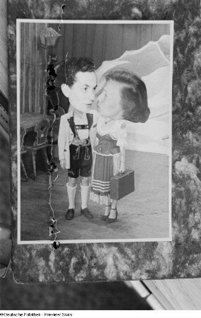 Fotomontage mit Frauen- und Männerkopf und Volkskunsttänzern