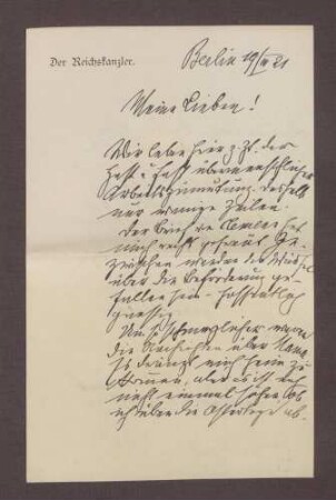 Schreiben von Constantin Fehrenbach, Berlin, an Elisabeth Rosset, Familiäre Angelegenheiten und die Vorbereitung der Volksabstimmung in Oberschlesien [insbesondere in St. Annaberg]