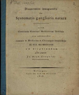Dissertatio inauguralis de systematis gangliaris natura