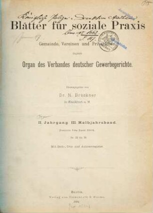 Blätter für soziale Praxis in Gemeinden, Vereinen und Privatleben. 2. 1894, Halbjbd. 3
