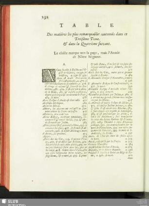 Table Des matiéres les plus remarquables contenue dans ce Troisieme tome. & dans le Quartieme suivant