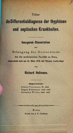 Ueber die Differentialdiagnose der typhösen und septischen Krankheiten : Inaugural-Dissertation