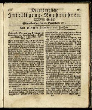 XXXVIII. Stück. Sonnabends: den 18. December / 1773.