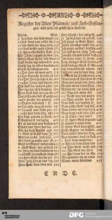 Register der Alten Psalmen/ und Fest-Gesängen/ und anderer geistlichen Liedern.