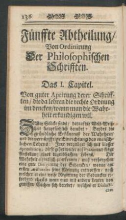 Fünffte Abtheilung, von Ordinirung der Philosophischen Schrifften.