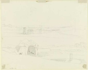 Oben römische Campagna mit Brückengebäude, unten Blick von der Grotte der Egeria zum Grabmal der Cecilia Metella an der Via Appia