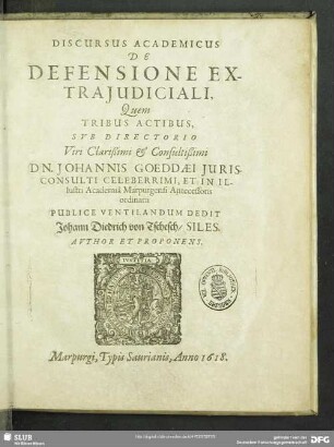 Discursus academicus De defensione extraiudiciali : tribus actis