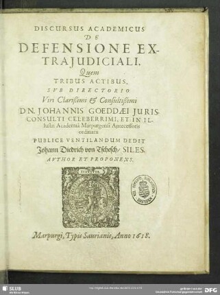 Discursus academicus De defensione extraiudiciali : tribus actis