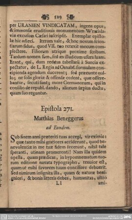Epistola 271. Matthias Beneggerus ad Eundem