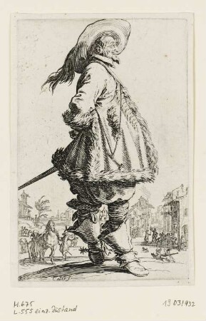 Edelmann mit Pelz versäumtem Mantel, die Hände auf dem Rücken, Blatt 7 der Folge "Trachten des Lothringischen Adels"