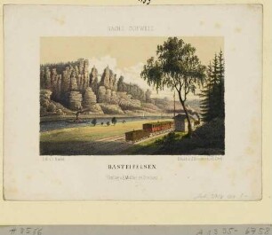 Die Basteifelsen bei Rathen in der Sächsischen Schweiz vom linken Elbufer nach Nordosten gesehen, im Vordergrund eine Eisenbahn auf der 1851 eröffneten Dresden-Bodenbacher Linie