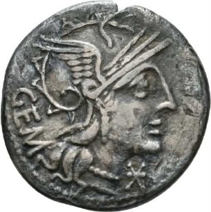 Denar des C. Aburius Geminus mit Darstellung des Mars in einer Quadriga