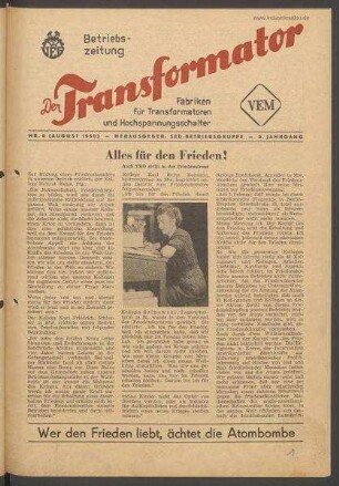 TRO-Betriebszeitung 'Der Transformator'; Nr. 8/1950 (August 1950)
