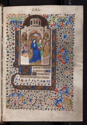 Bordüren-Miniatur-Seite: (Wochentagsgebet: Montag) Pfingsten/Geistsendung; Zierinitiale: D(omine labia mea)