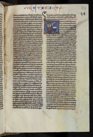 Historisierte Initiale (Elviticus): V(ocavit autem moysen): Söhne Israels opfern ein Schafe (Levitikus 1,2).