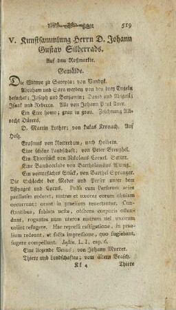 V. Kunstsammlung Herrn D. Johann G. Silberrads