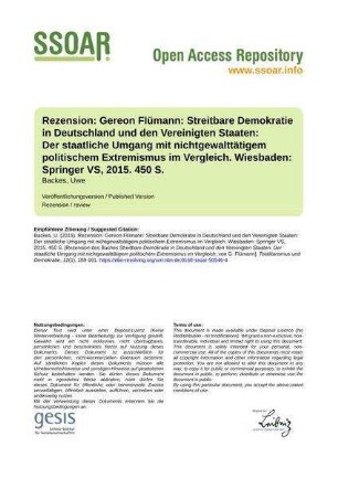 Rezension: Gereon Flümann: Streitbare Demokratie in Deutschland und den Vereinigten Staaten: Der staatliche Umgang mit nichtgewalttätigem politischem Extremismus im Vergleich. Wiesbaden: Springer VS, 2015. 450 S.
