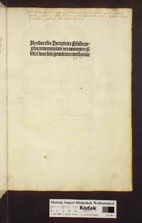 Arestotelis Stagirite Philozophorum maximi oeconomicoru[m] libri duo sub gemina translatio[n]e
