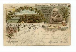 Gewerbe-, Industrie- und Kunstausausstellung: Wandgemälde aus Fleiner`s Weinstube: Paul Hegelmaier, Stadtansicht