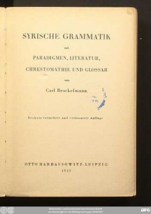 Syrische Grammatik : mit Paradigmen, Literatur, Chrestomathie und Glossar