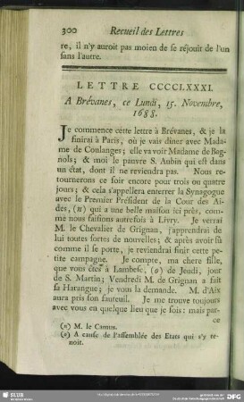 Lettre CCCCLXXXI. A Brévanes, ce Lundi, 15. Novembre, 1688