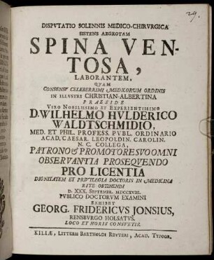 Disputatio Solennis Medico-Chirurgica Sistens Aegrotam Spina Ventosa, Laborantem