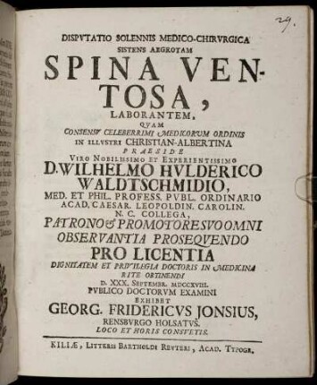 Disputatio Solennis Medico-Chirurgica Sistens Aegrotam Spina Ventosa, Laborantem