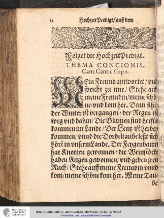 Folget die Hochzeit Predigt. Thema Concionis Cant. Cantic. Cap. 2